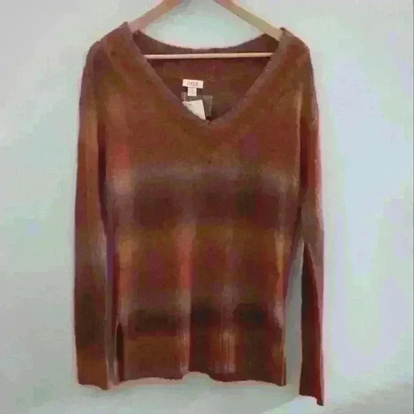 🌴2/$25🌴A.N.A | Women's Rust Combo V-Neck Fuzzy Block Chain Sweater - Picture 2 of 4